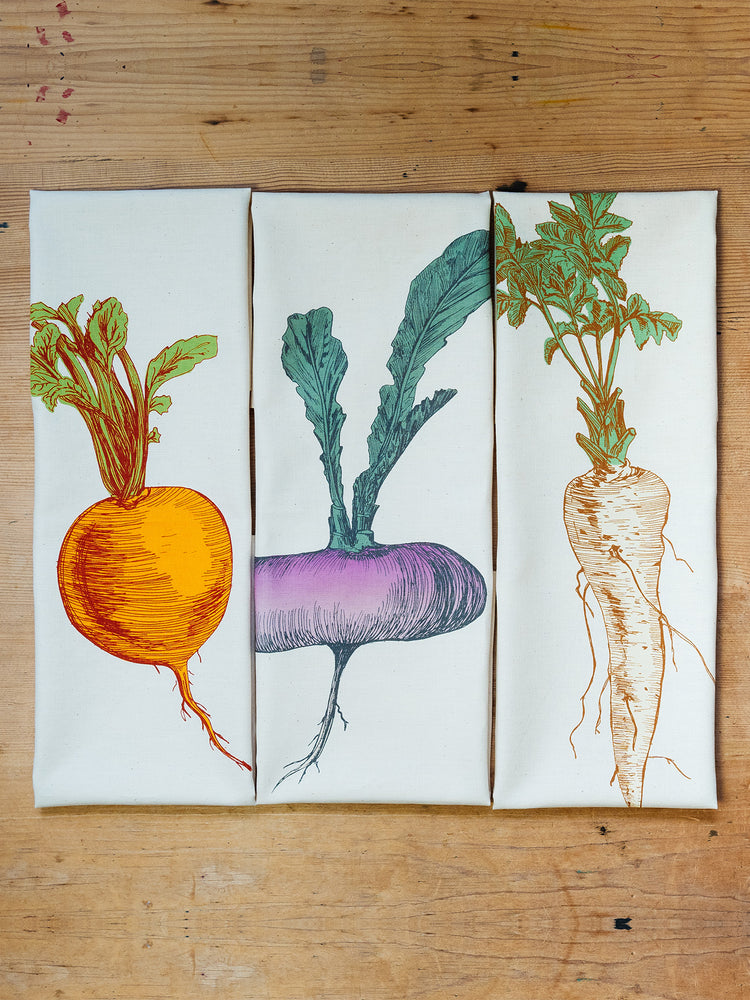 Lottie Day handprinted tea towels featuring vegetables, seafood and hares – 100% cotton, made in Norfolk with 3 for 2 offer