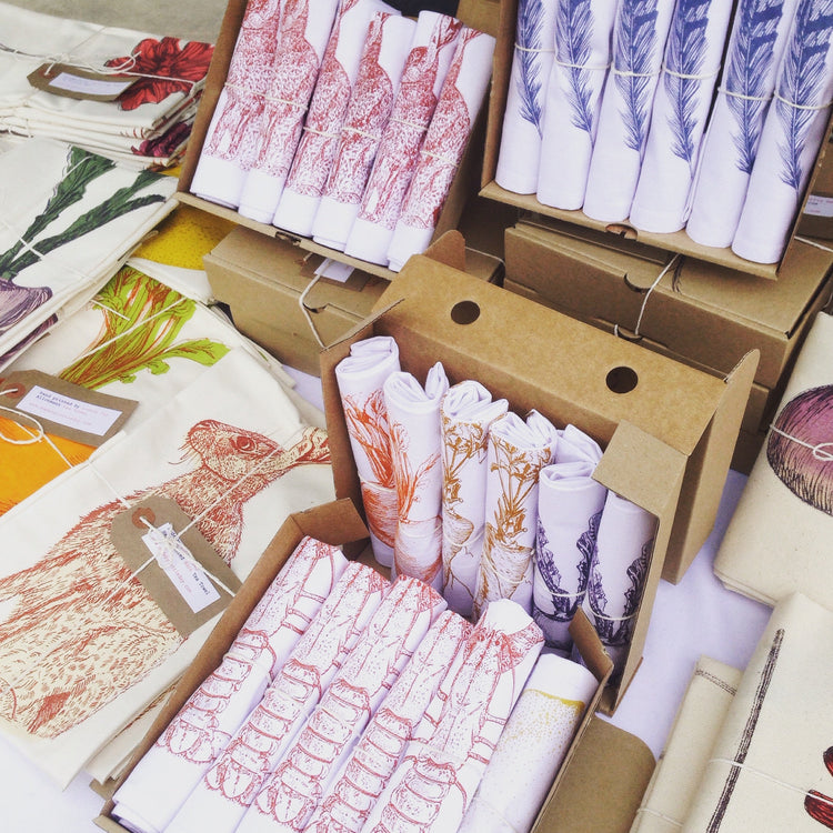 Lottie Day full product range including handmade napkins, tea towels and screen prints inspired by nature and made in Norfolk