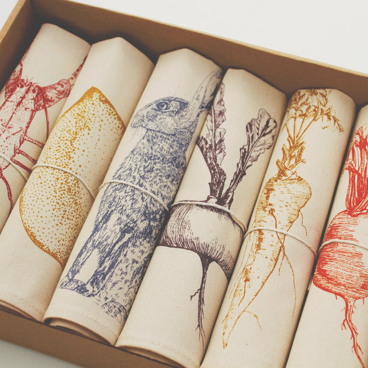 Create your own napkin gift set with Lottie Day – mix and match handmade designs including vegetables, seafood and countryside prints