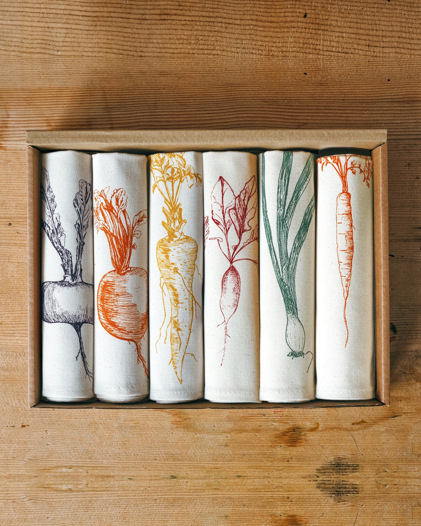Vegetable napkin gift set by Lottie Day – handmade cotton napkins with screen-printed illustrations of seasonal garden vegetables