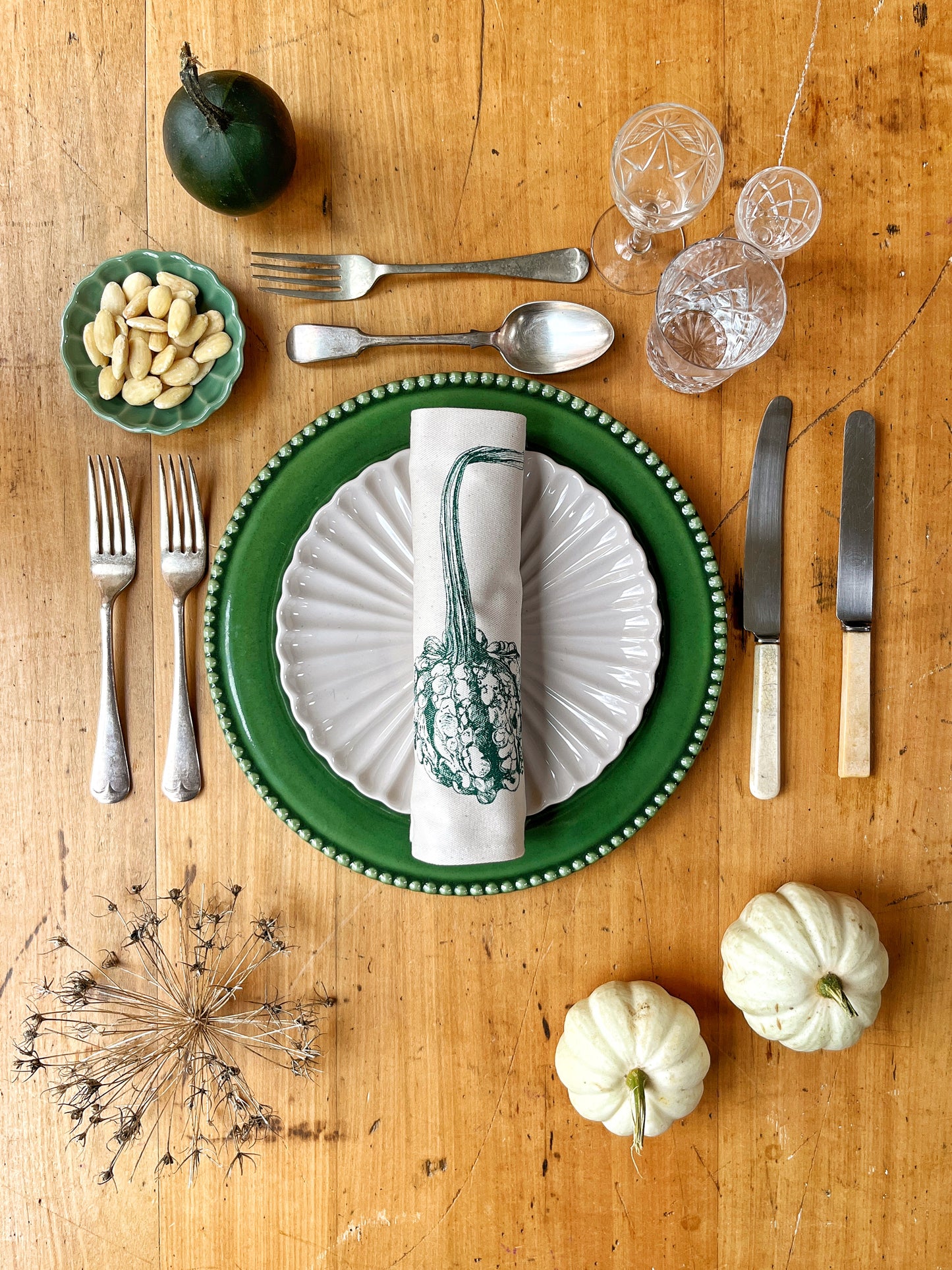 Squash napkin set by Lottie Day featuring six screen-printed designs inspired by Norfolk allotment squash varieties including Butternut and Turban