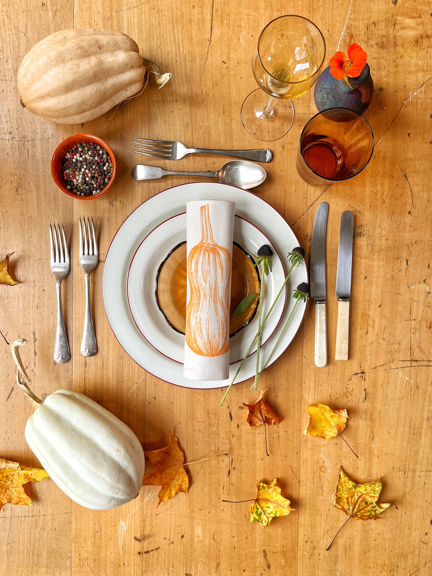 Squash napkin set by Lottie Day featuring six screen-printed designs inspired by Norfolk allotment squash varieties including Butternut and Turban