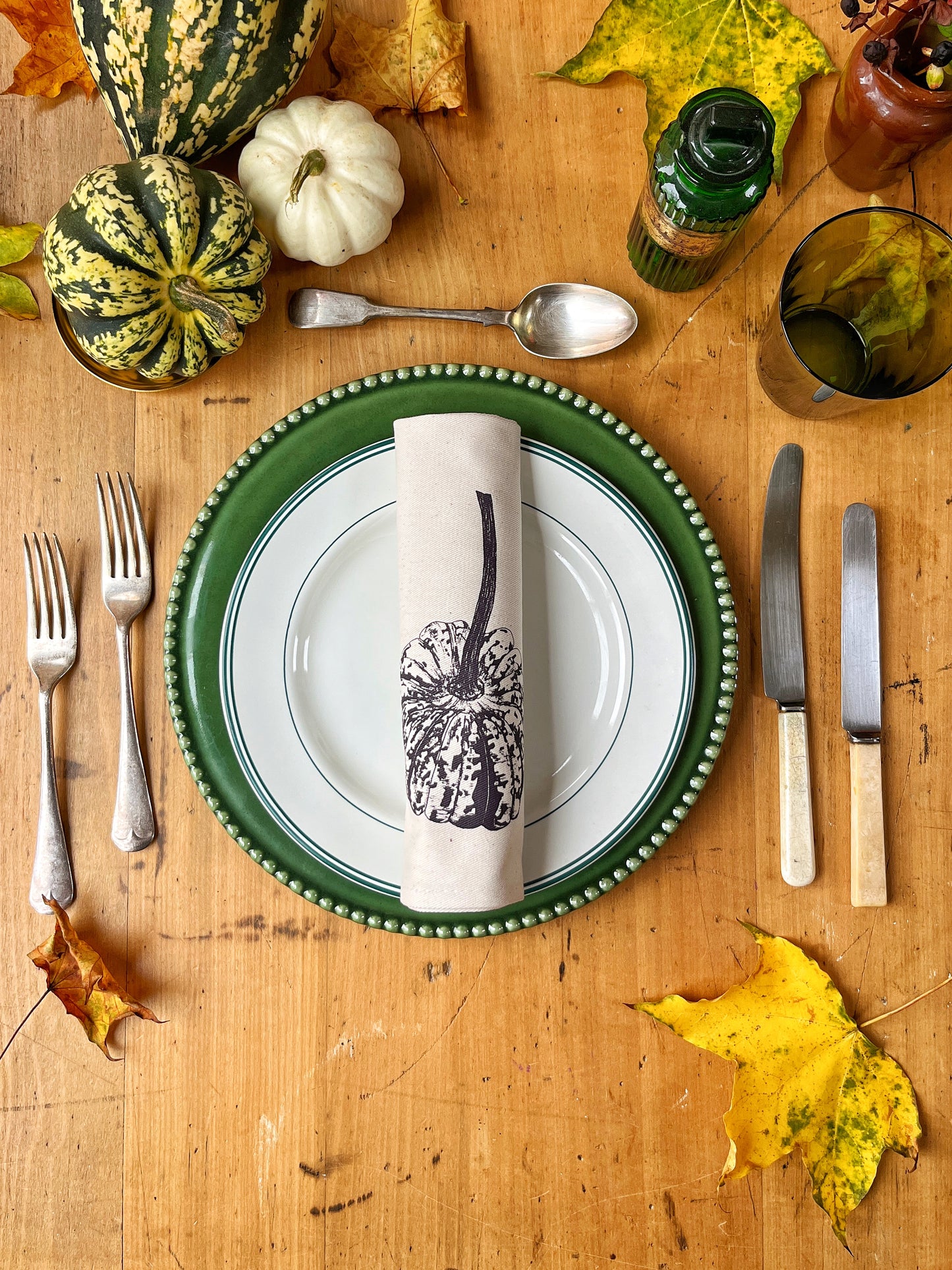 Squash napkin set by Lottie Day featuring six screen-printed designs inspired by Norfolk allotment squash varieties including Butternut and Turban