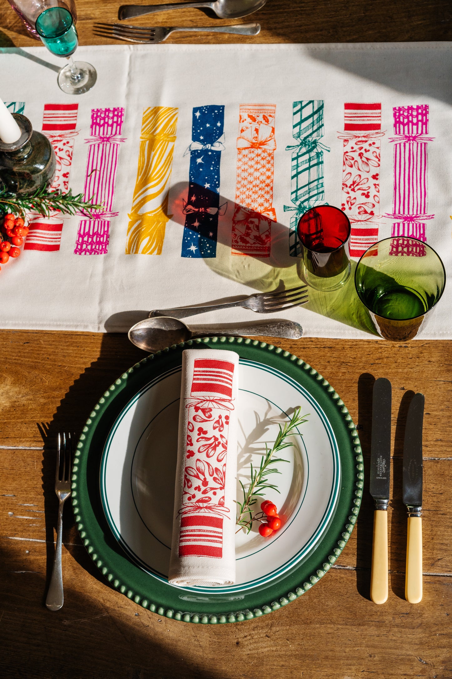 Christmas Cracker napkin set by Lottie Day – six cotton napkins with festive prints and hidden surprise designs