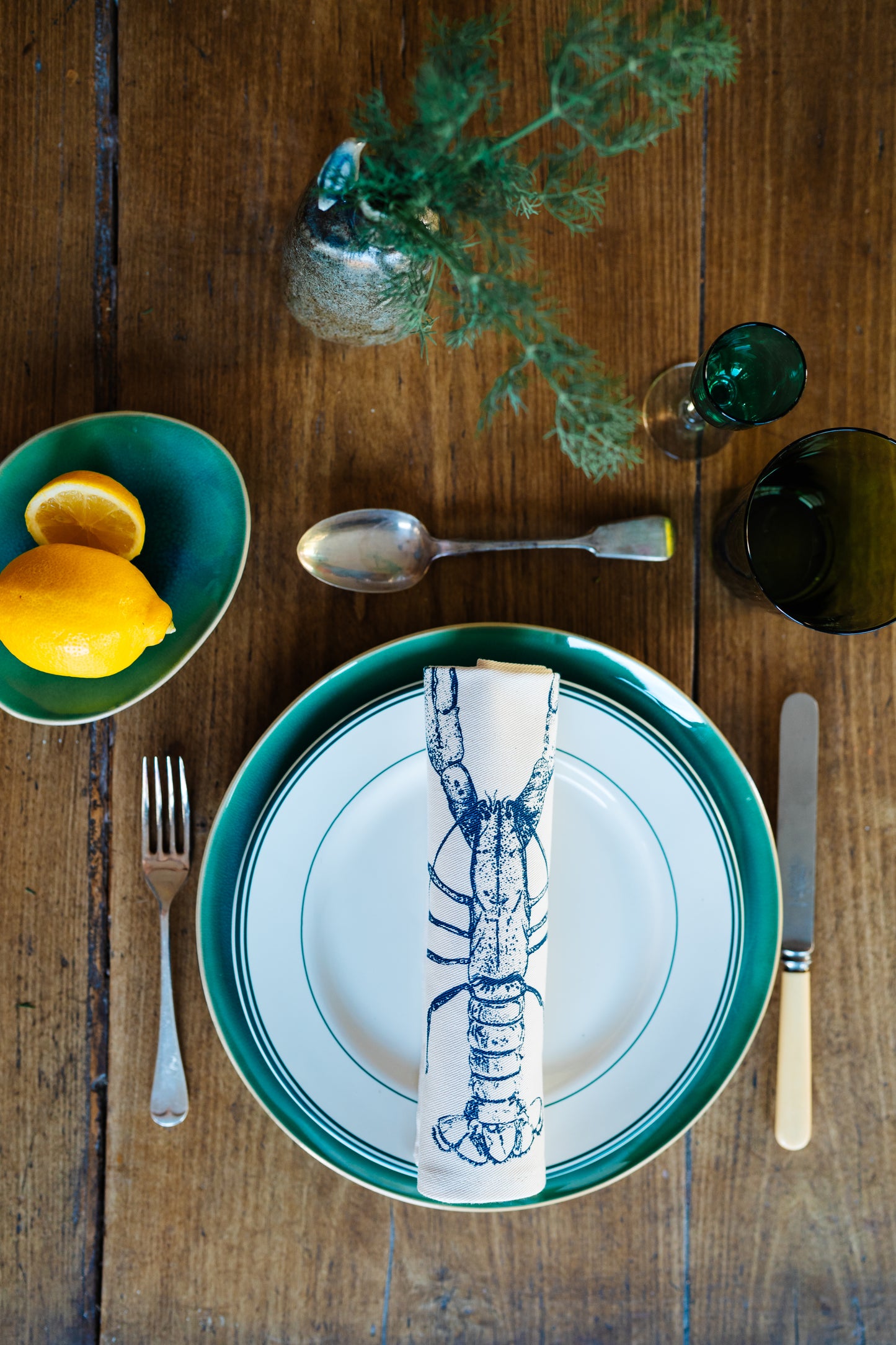 Seafood napkin gift set by Lottie Day featuring handprinted crab, blue lobster, prawn, mackerel, samphire and lemon illustrations on cotton napkins