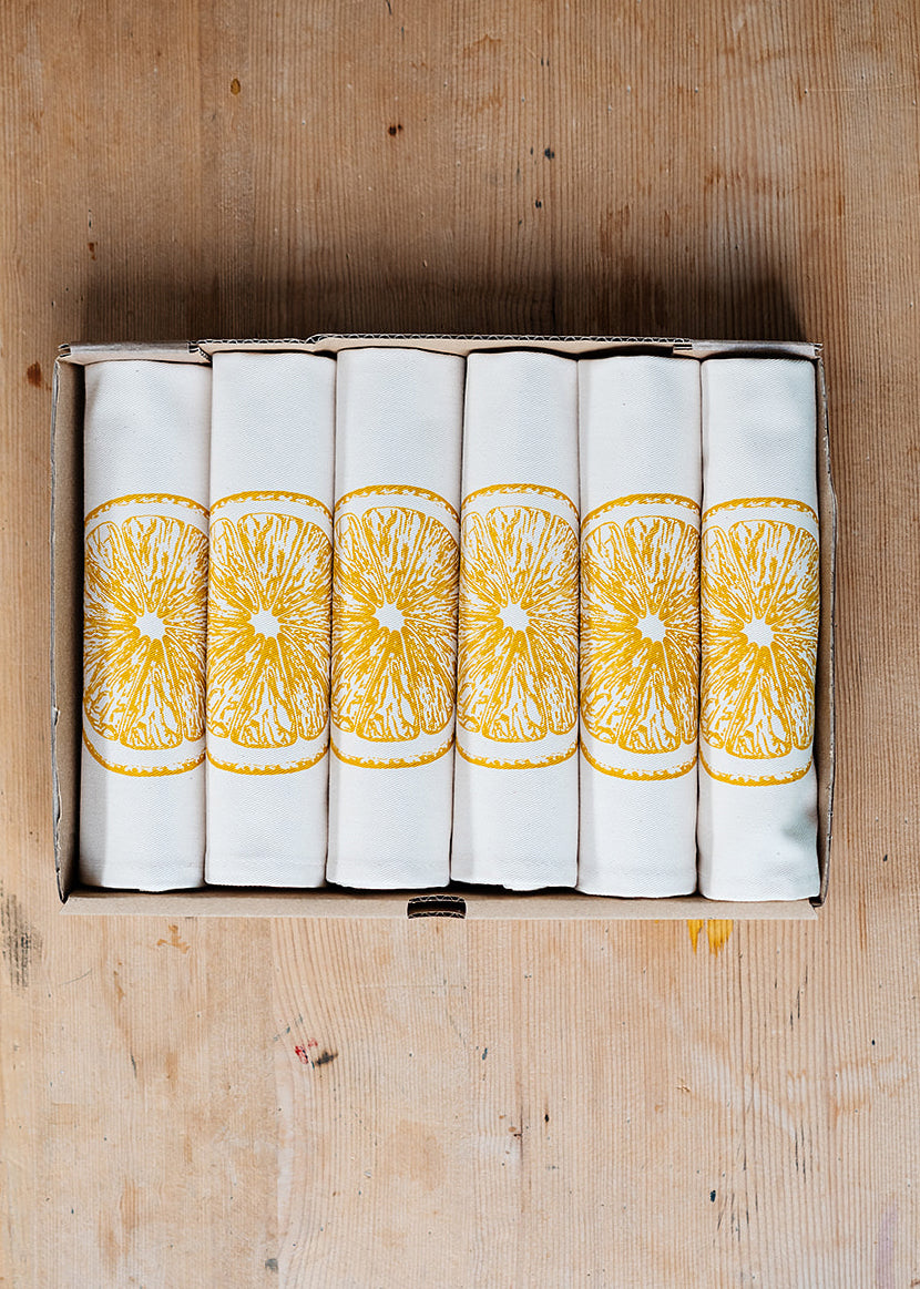Lemon napkin gift set by Lottie Day – handmade cotton napkins with screen-printed yellow lemon design, made in Norfolk