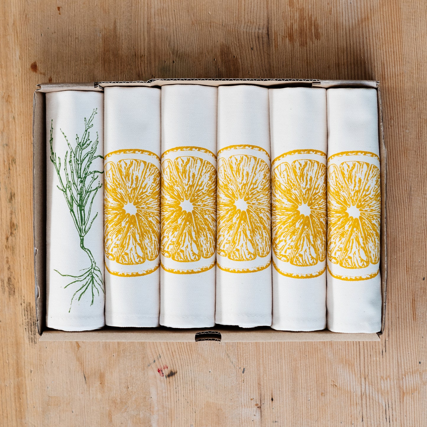 Lemon napkin gift set by Lottie Day – handmade cotton napkins with screen-printed yellow lemon design, made in Norfolk