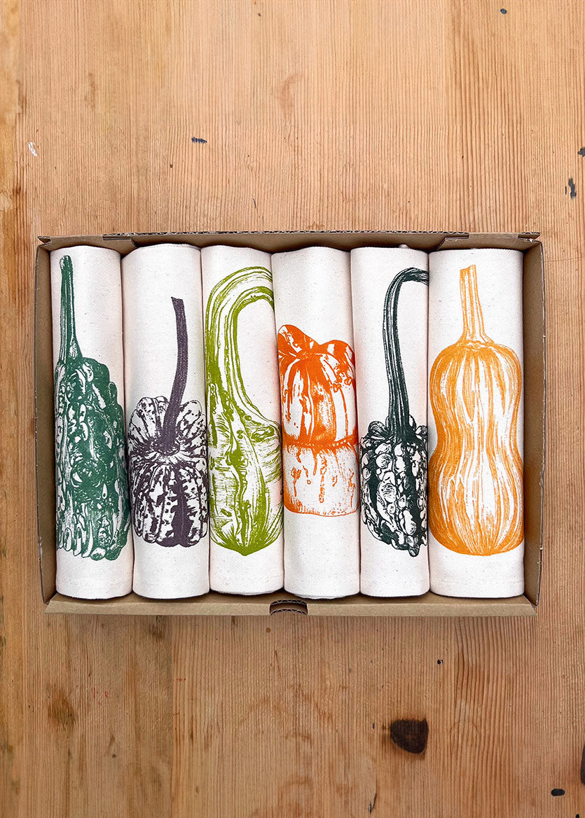 Squash napkin set by Lottie Day featuring six screen-printed designs inspired by Norfolk allotment squash varieties including Butternut and Turban