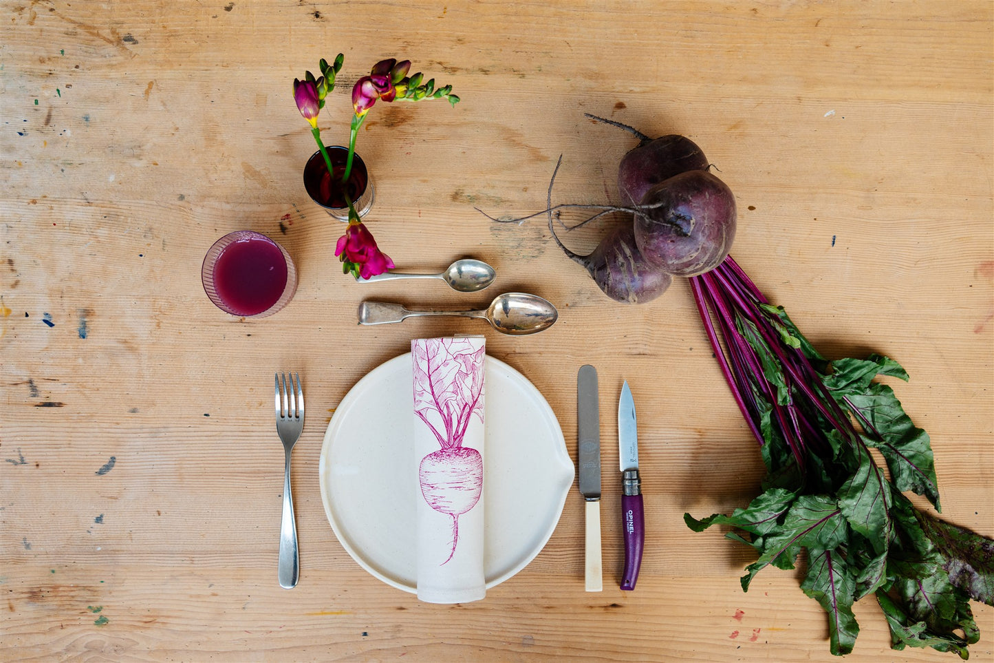 Allotment vegetable napkin set by Lottie Day - handmade cotton napkins featuring screen-printed garden vegetables including beetroot and leek