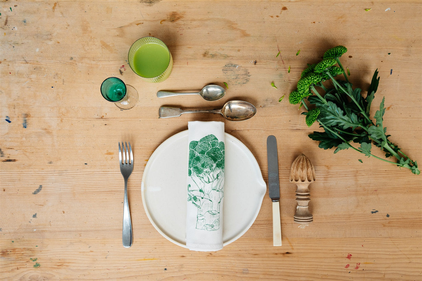 Allotment vegetable napkin set by Lottie Day - handmade cotton napkins featuring screen-printed garden vegetables including beetroot and leek