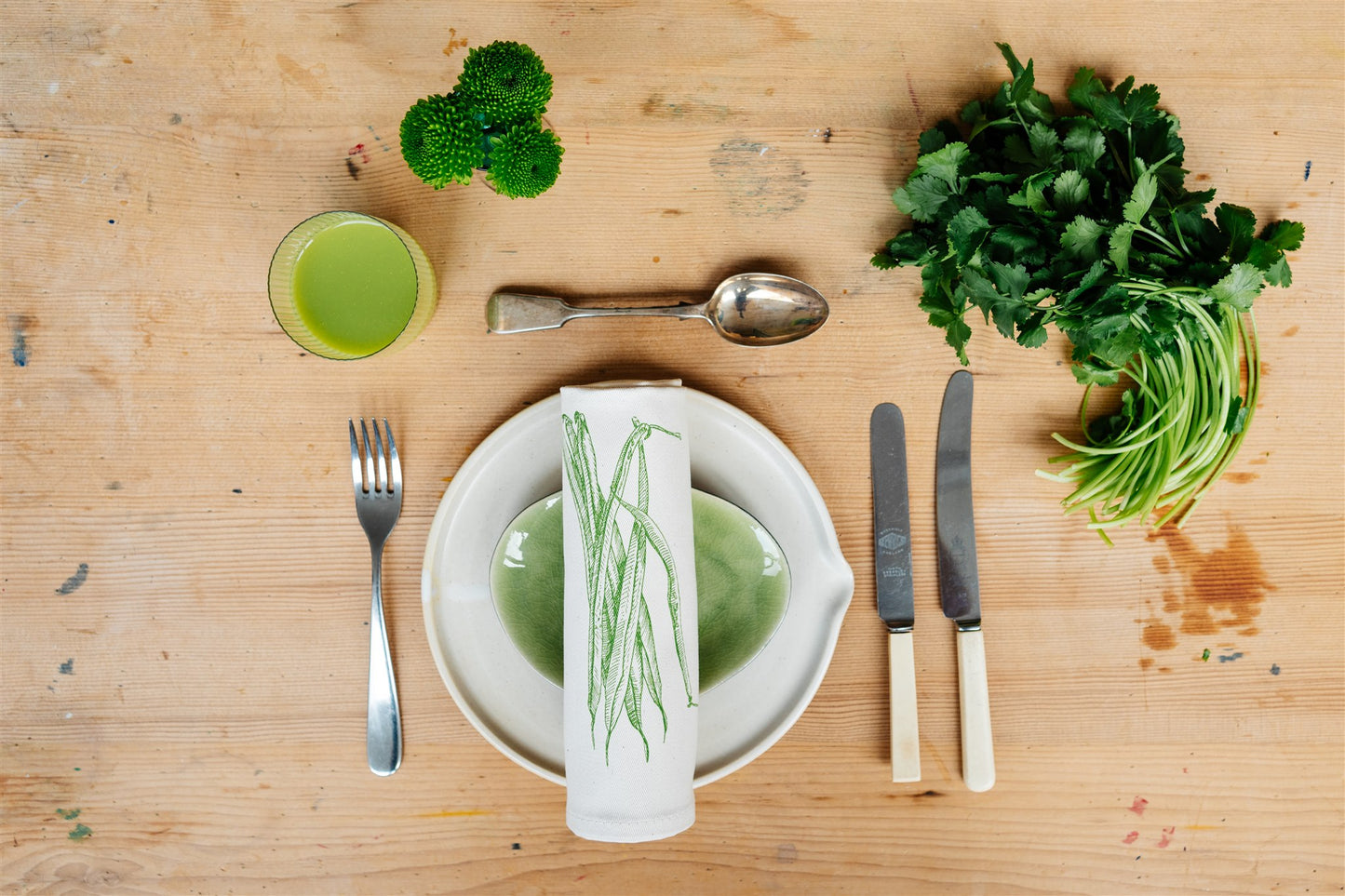 Allotment vegetable napkin set by Lottie Day - handmade cotton napkins featuring screen-printed garden vegetables including beetroot and leek