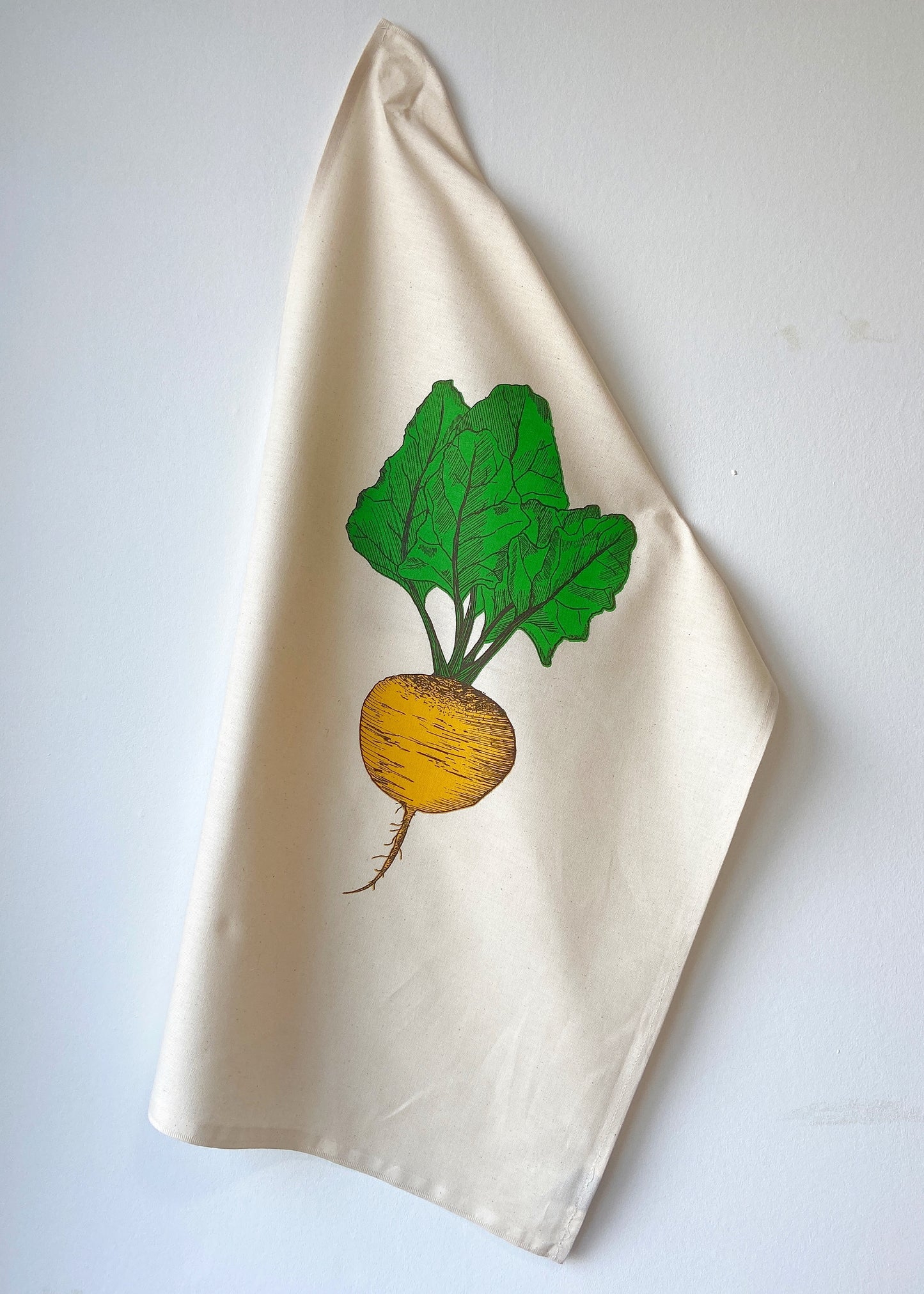Golden Beet tea towel by Lottie Day – handprinted on cotton with allotment-inspired vegetable illustration, perfect for gardeners and cooks