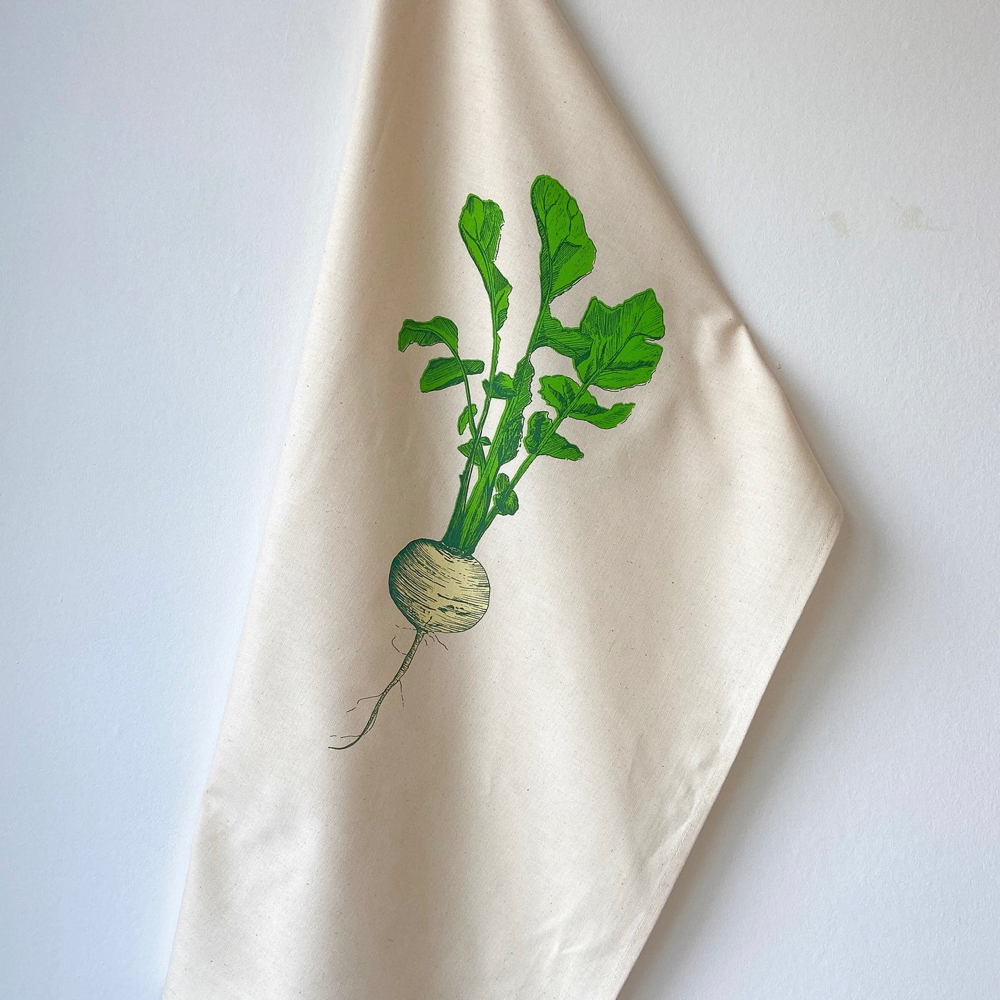 Neep tea towel by Lottie Day with golden beet illustration - handmade cotton kitchenware inspired by Norfolk allotment vegetables