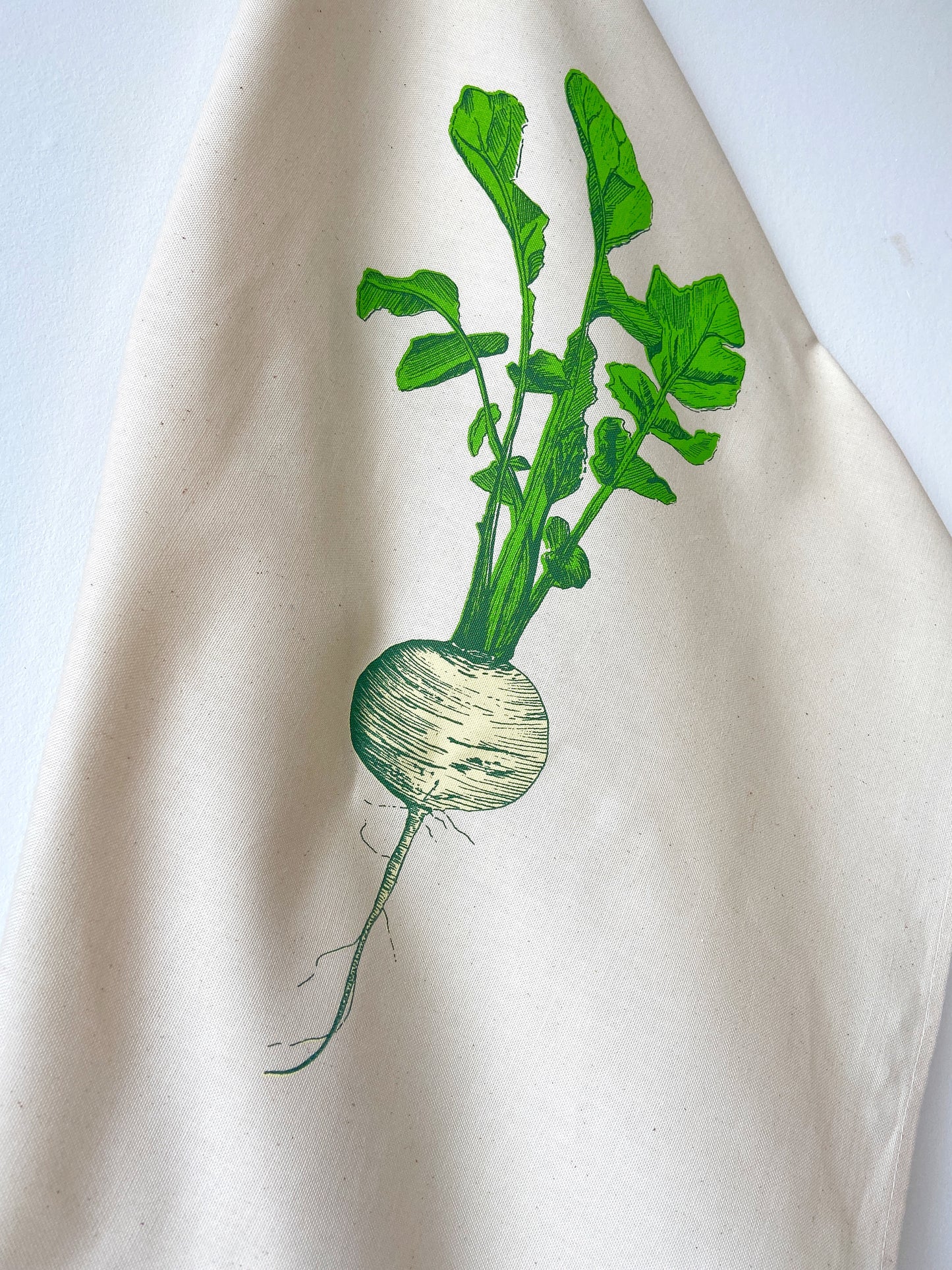 Neep tea towel by Lottie Day with golden beet illustration - handmade cotton kitchenware inspired by Norfolk allotment vegetables