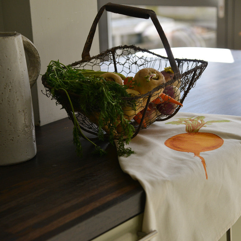 Orange Swede tea towel by Lottie Day – handmade cotton dish towel featuring root vegetable illustration, inspired by Norfolk allotments