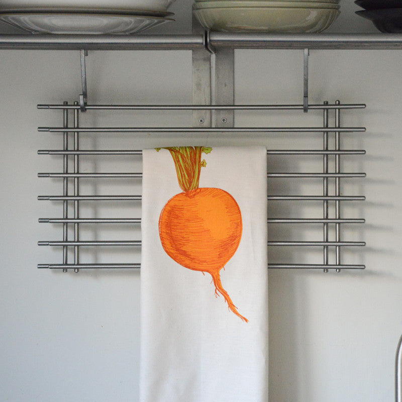 Orange Swede tea towel by Lottie Day – handmade cotton dish towel featuring root vegetable illustration, inspired by Norfolk allotments