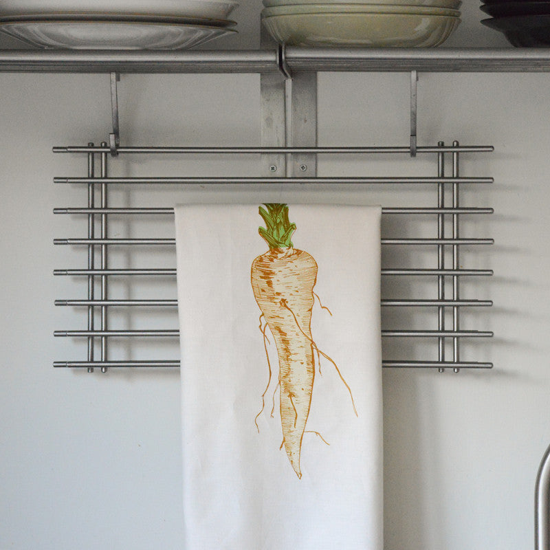 Parsnip vegetable tea towel by Lottie Day – hand-printed cotton dish towel featuring cream parsnip illustration, inspired by Norfolk allotments