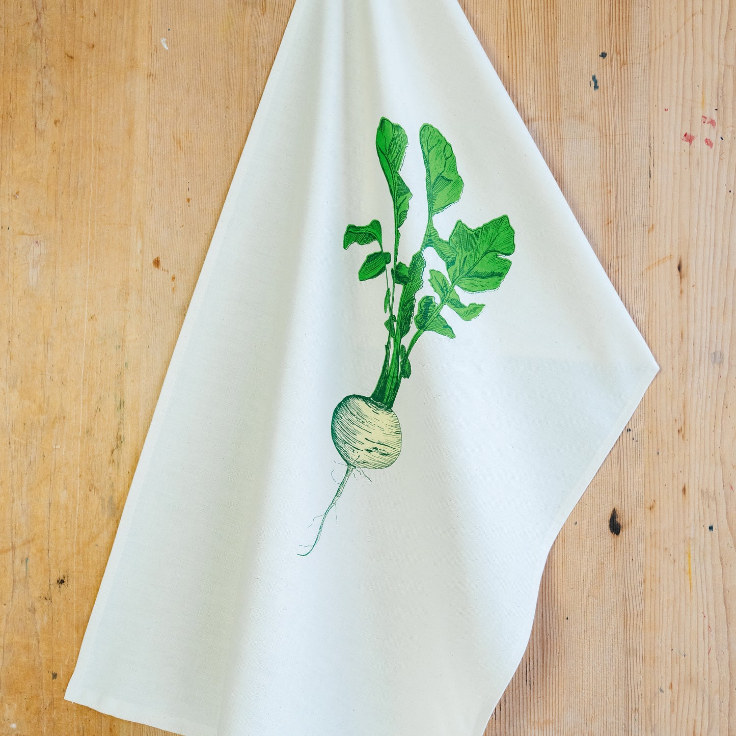 Neep tea towel by Lottie Day with golden beet illustration - handmade cotton kitchenware inspired by Norfolk allotment vegetables