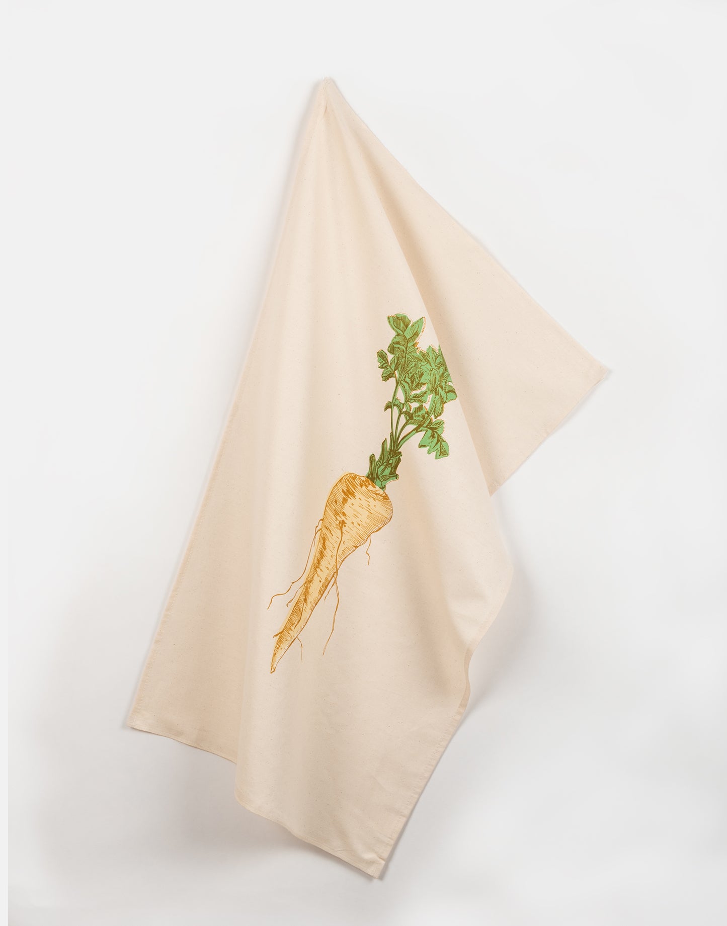Parsnip vegetable tea towel by Lottie Day – hand-printed cotton dish towel featuring cream parsnip illustration, inspired by Norfolk allotments