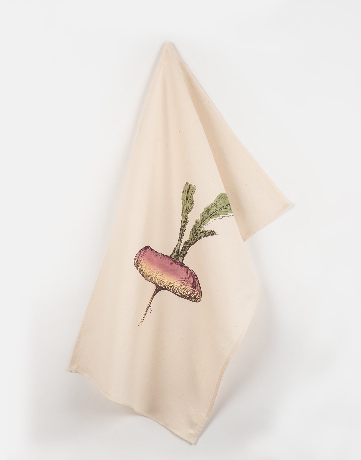Purple Turnip tea towel by Lottie Day – hand-printed cotton kitchen towel with allotment-inspired root vegetable illustration