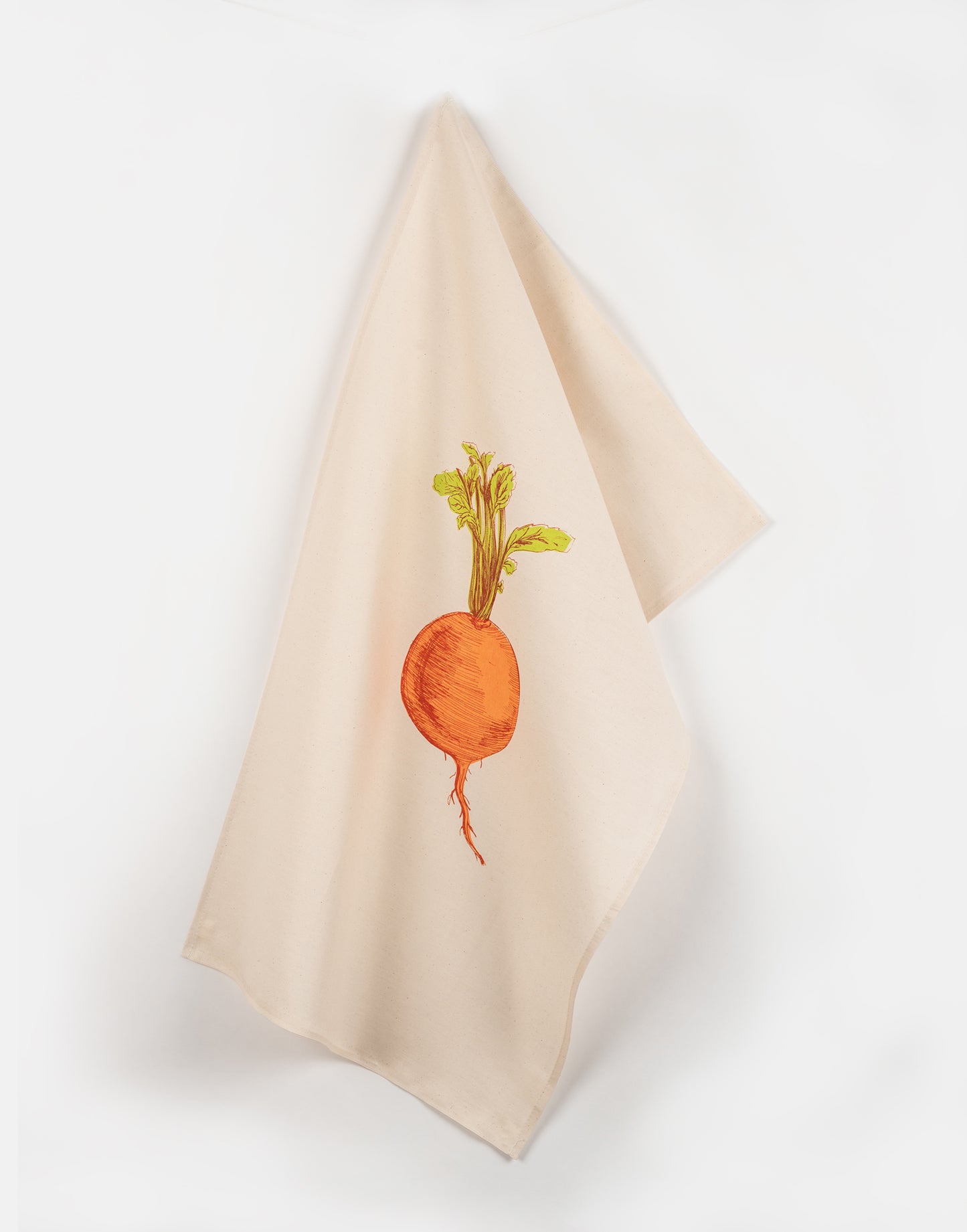 Orange Swede tea towel by Lottie Day – handmade cotton dish towel featuring root vegetable illustration, inspired by Norfolk allotments