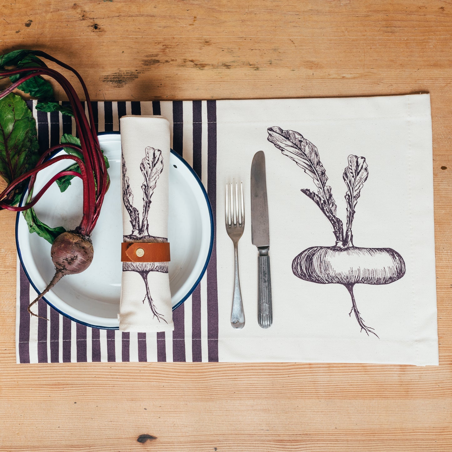 handmade printed purple gardening vegetables napkin table place setting